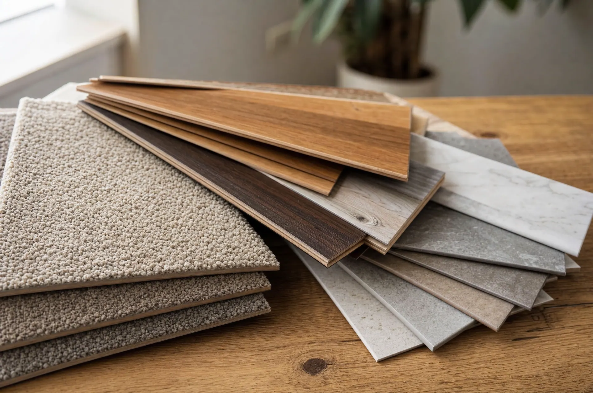 Carpet, wood-plank, and tile flooring samples fanned out on a table