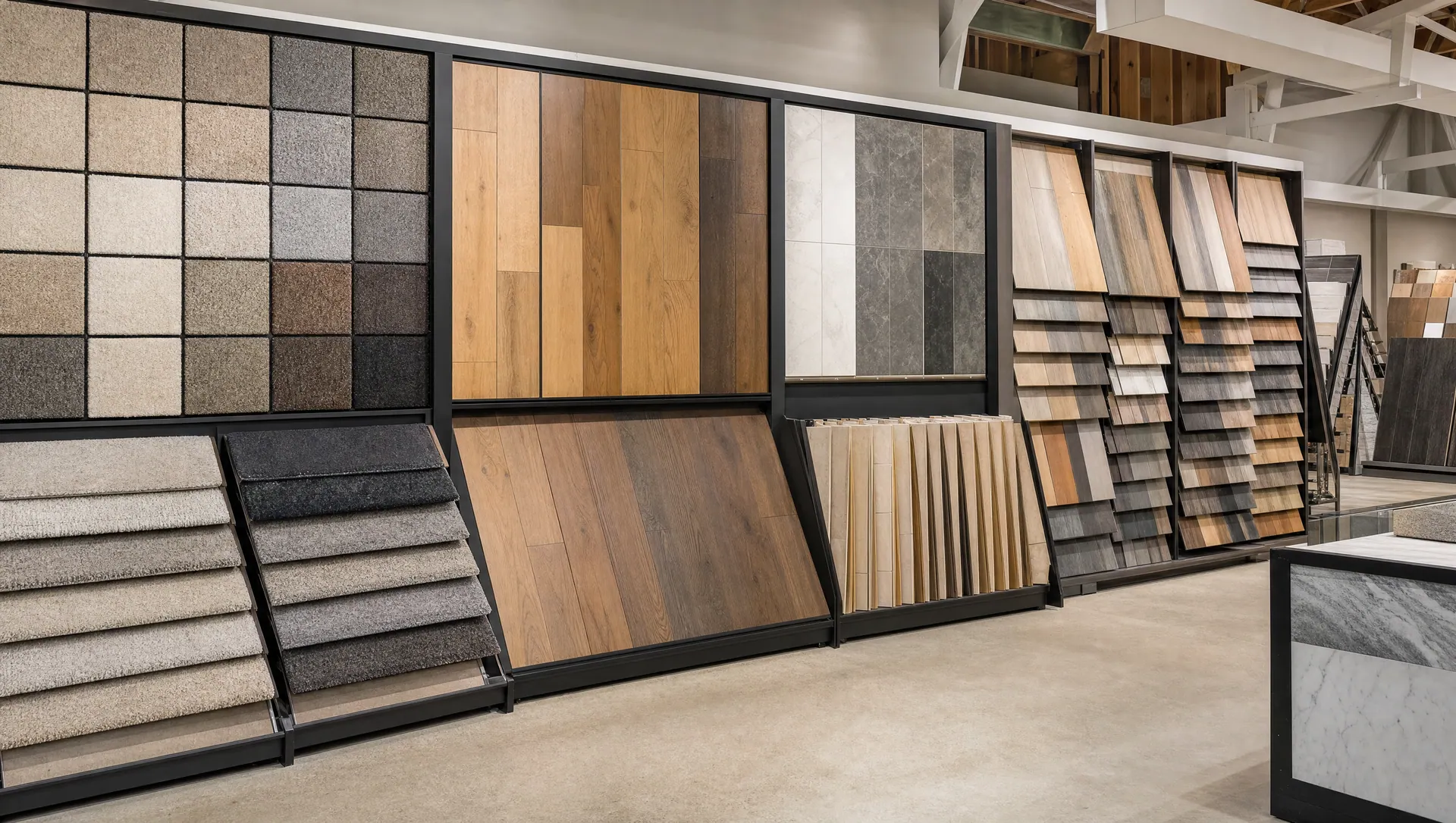 Tile and flooring samples arranged across a showroom display