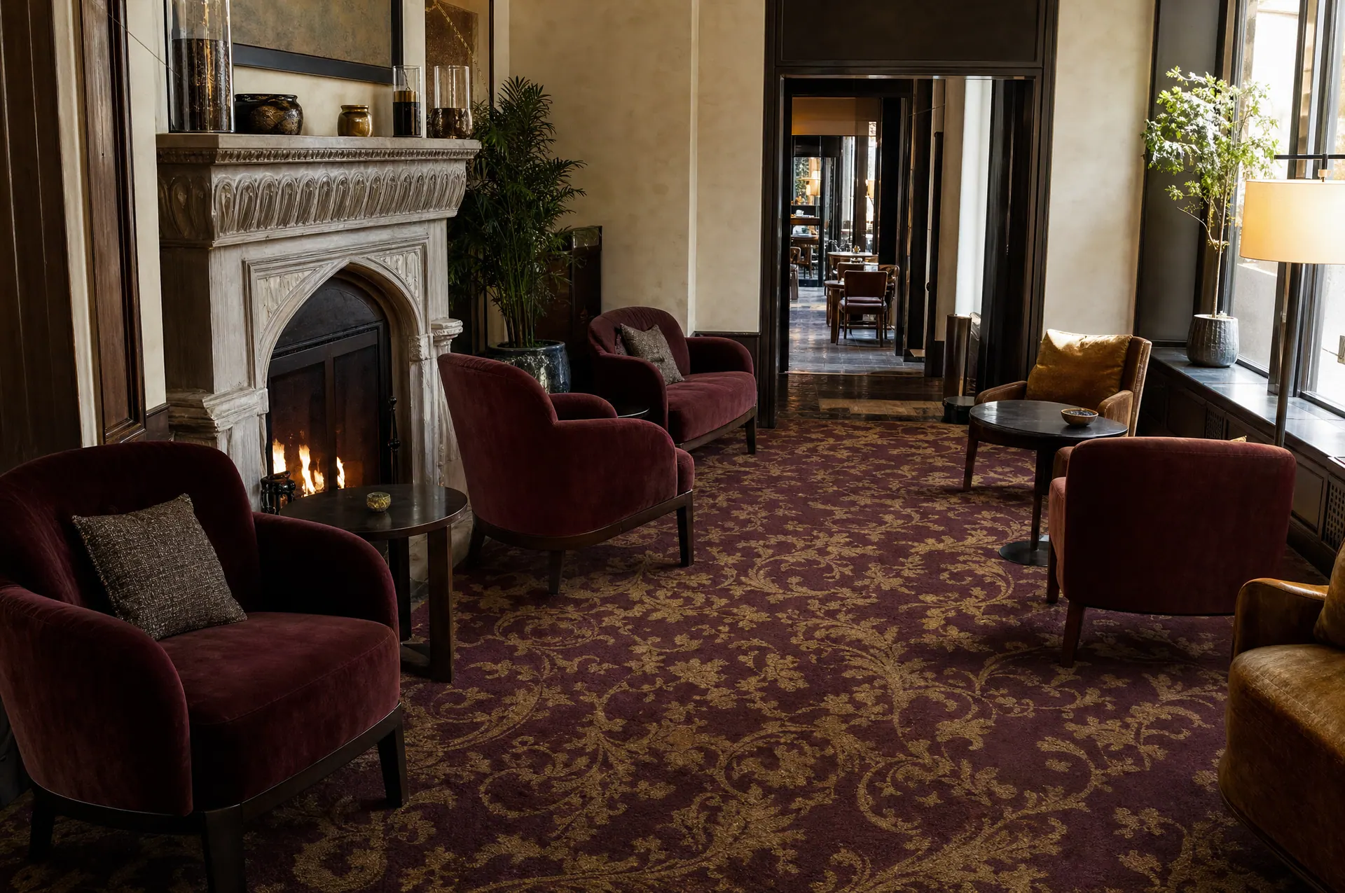 Patterned broadloom carpet in a hotel lounge with seating