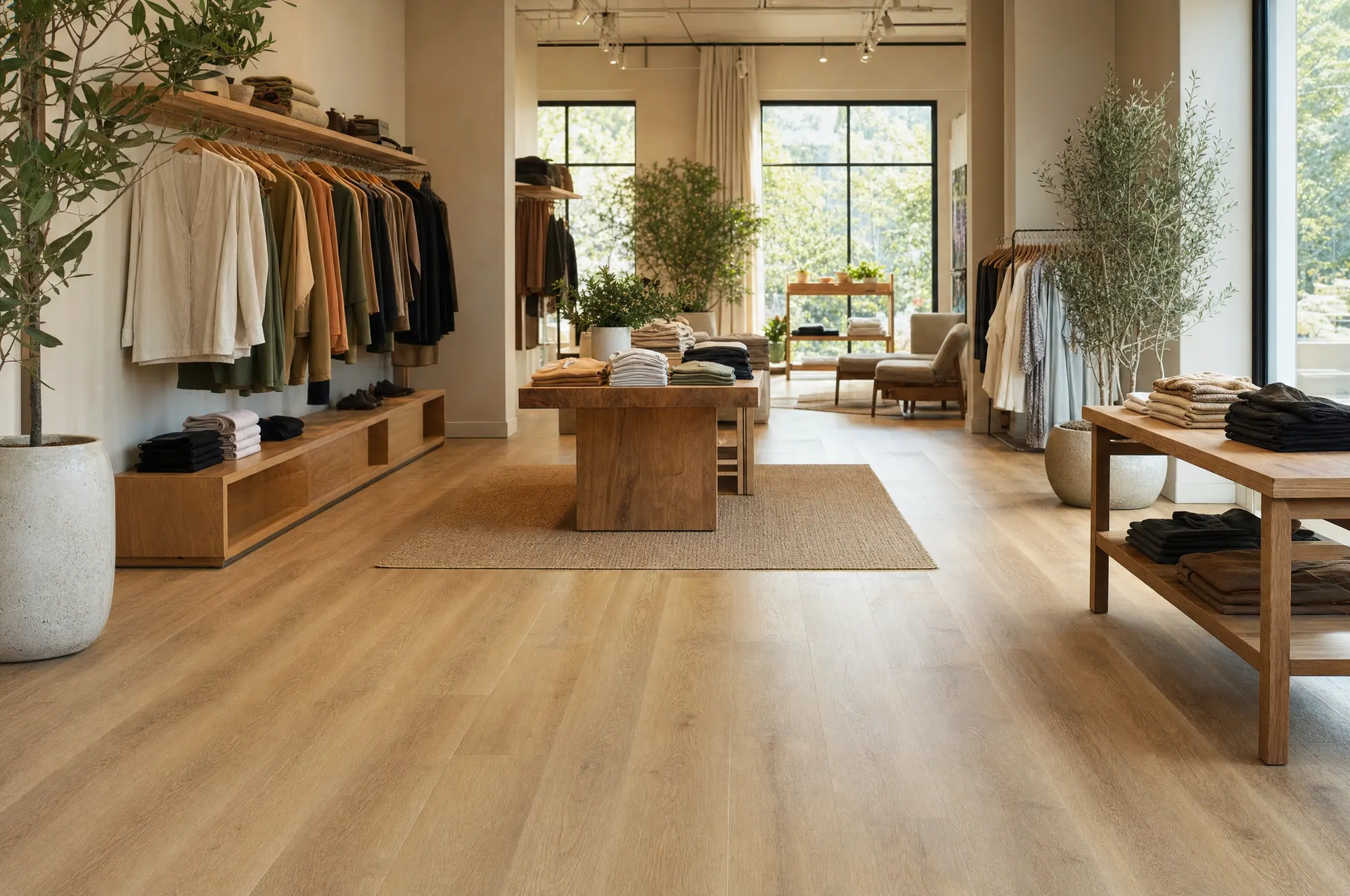 Wood-look flooring in a bright retail store