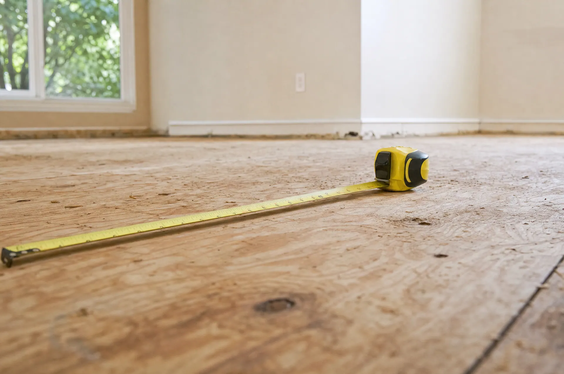 Tape measure laid across a bare subfloor during project planning