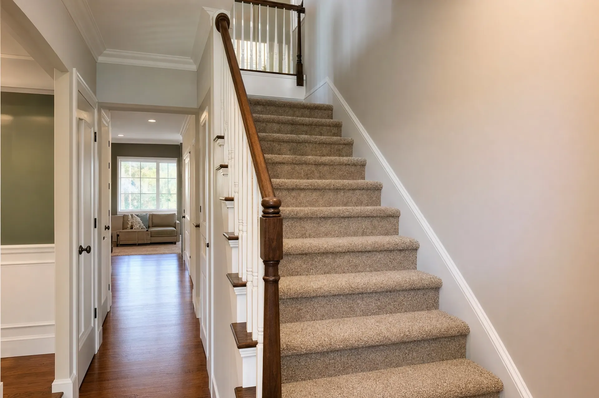 Carpeted staircase providing a soft, slip-resistant surface in a home